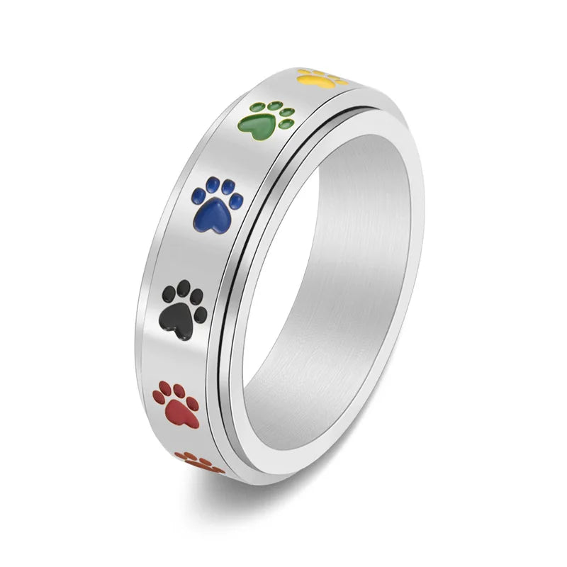 Rotatable anti-stress ring with paws – stainless steel ring with rainbow colours