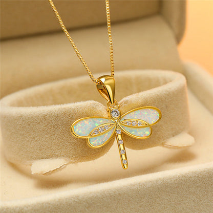 Dragonfly Pendant, gold-coloured with opal