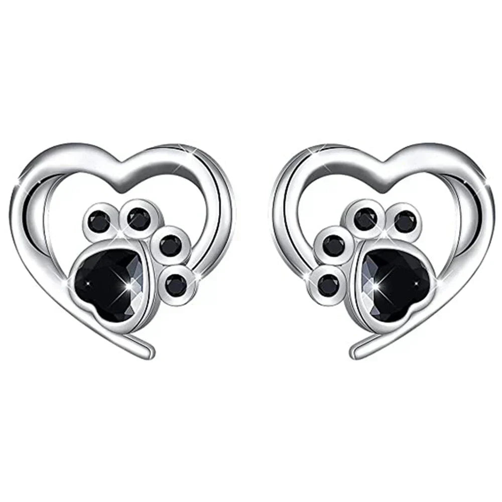Heart Paw Print Stud Earrings – Silver-Coloured Earrings with Black Crystal