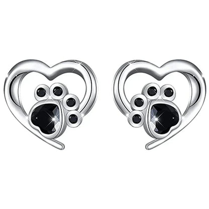 Heart Paw Print Stud Earrings – Silver-Coloured Earrings with Black Crystal