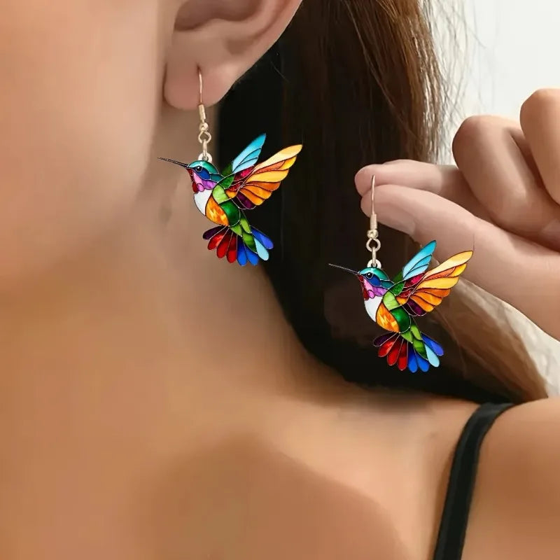 Colourful Hummingbird Dangle Earrings – Acrylic Bird Earrings in 2D Design