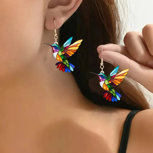 Colourful Hummingbird Dangle Earrings – Acrylic Bird Earrings in 2D Design