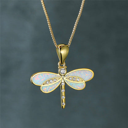 Dragonfly Pendant, gold-coloured with opal