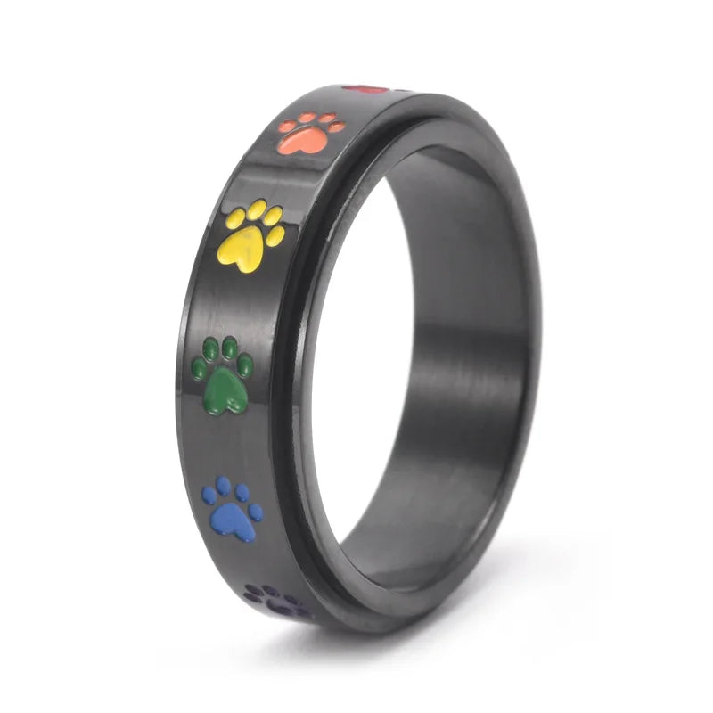 Rotatable anti-stress ring with paws – stainless steel ring with rainbow colours