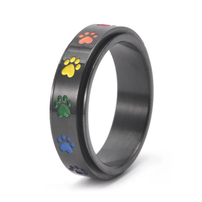 Rotatable anti-stress ring with paws – stainless steel ring with rainbow colours
