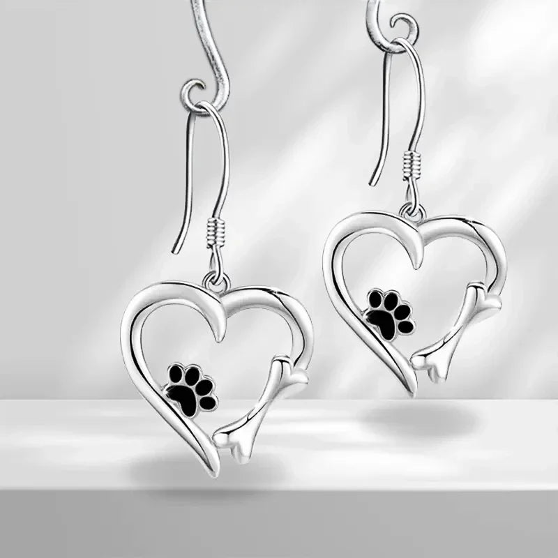 Heart-Shaped Drop Earrings with Paw Print – Playful Silver Jewellery