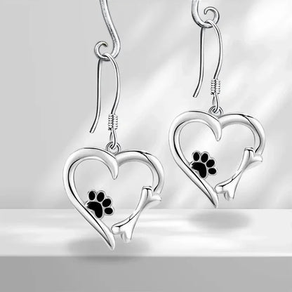 Heart-Shaped Drop Earrings with Paw Print – Playful Silver Jewellery
