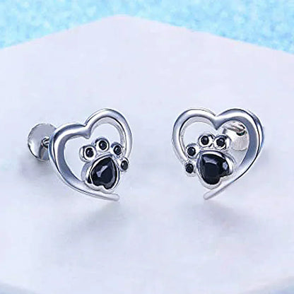 Heart Paw Print Stud Earrings – Silver-Coloured Earrings with Black Crystal