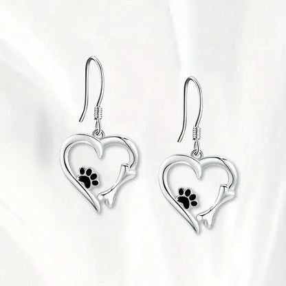 Heart-Shaped Drop Earrings with Paw Print – Playful Silver Jewellery