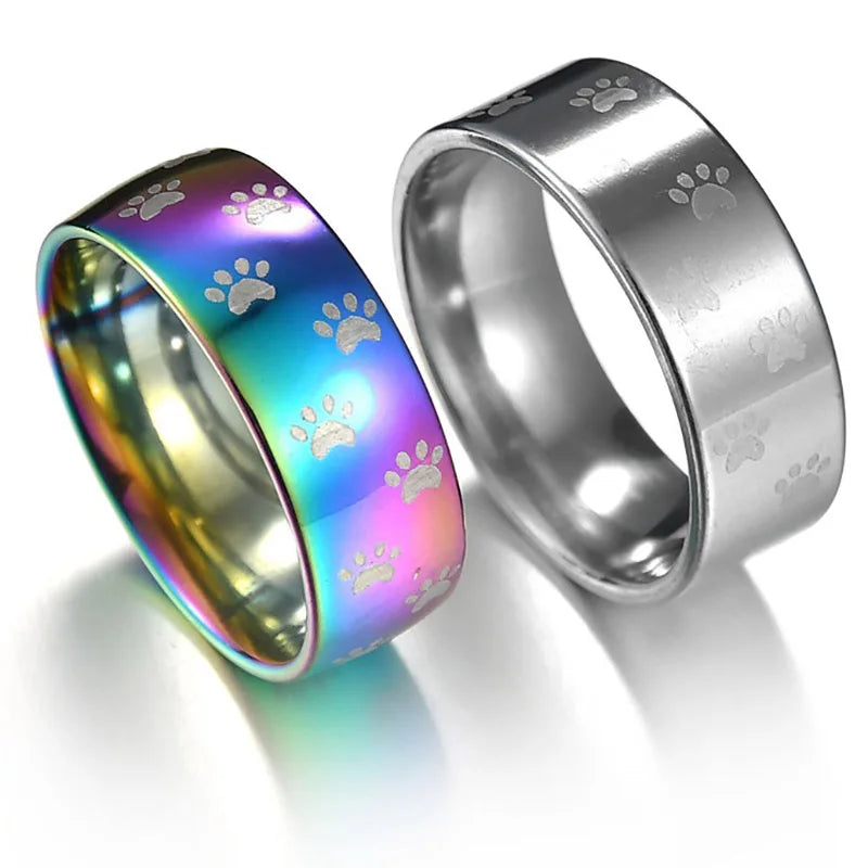 Handmade Rainbow Stainless Steel Ring with Paw Print