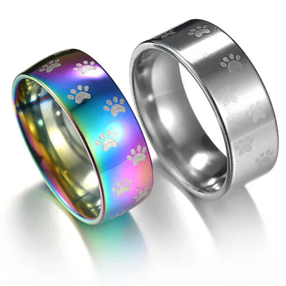 Handmade Rainbow Stainless Steel Ring with Paw Print