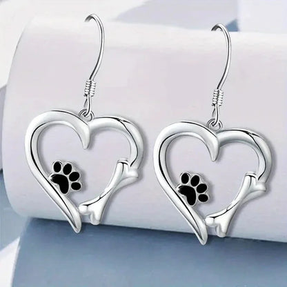 Heart-Shaped Drop Earrings with Paw Print – Playful Silver Jewellery