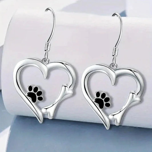 Heart-Shaped Drop Earrings with Paw Print – Playful Silver Jewellery