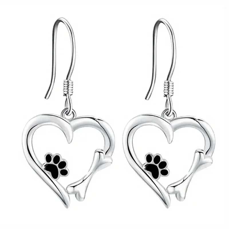 Heart-Shaped Drop Earrings with Paw Print – Playful Silver Jewellery