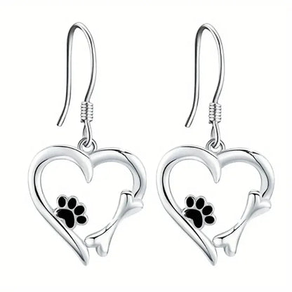 Heart-Shaped Drop Earrings with Paw Print – Playful Silver Jewellery
