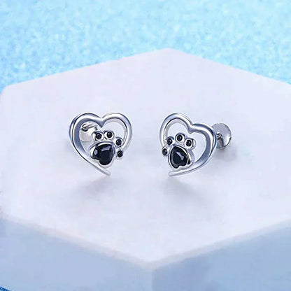 Heart Paw Print Stud Earrings – Silver-Coloured Earrings with Black Crystal