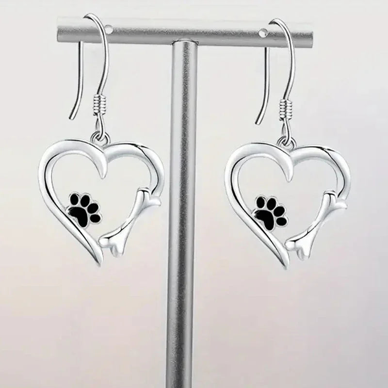 Heart-Shaped Drop Earrings with Paw Print – Playful Silver Jewellery