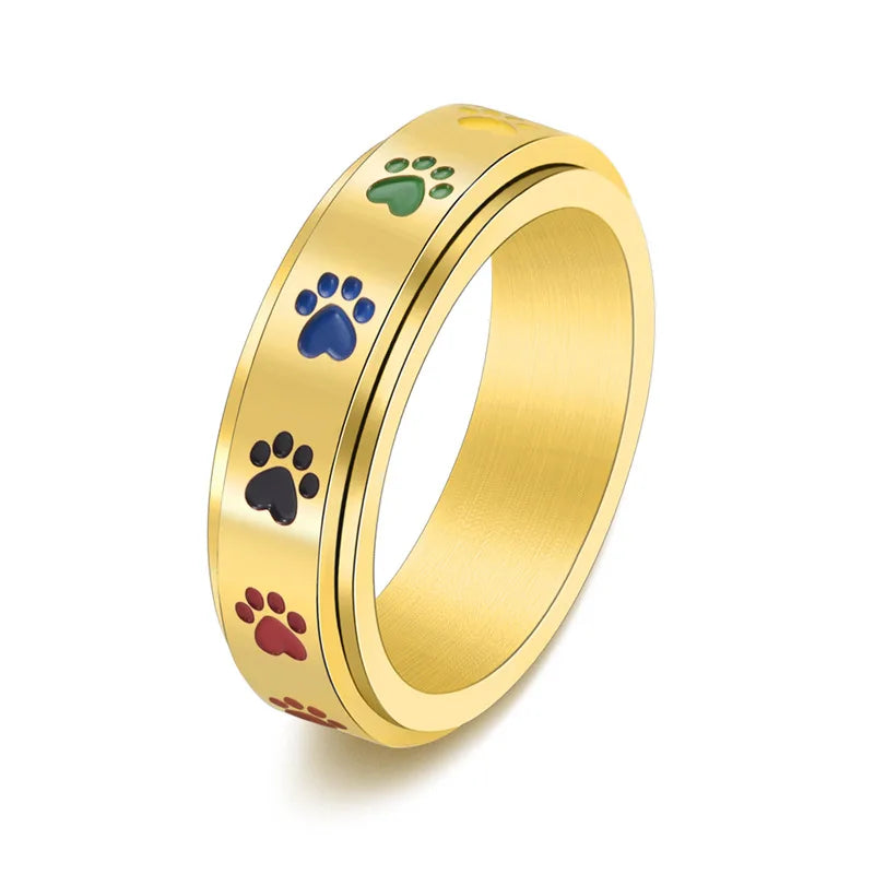 Rotatable anti-stress ring with paws – stainless steel ring with rainbow colours