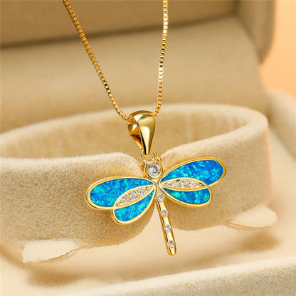 Dragonfly Pendant, gold-coloured with opal