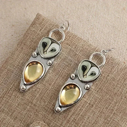 Owl Earrings with Champagne-Coloured Drop Stone