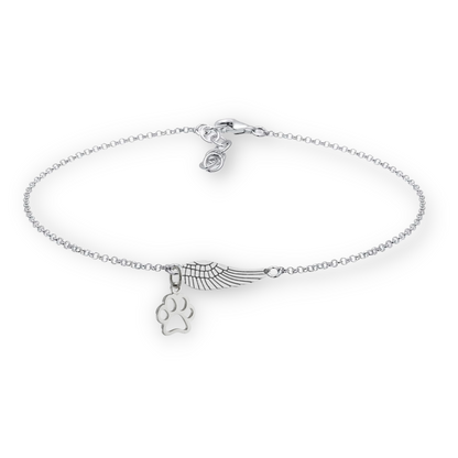 Silver Remembrance Bracelet with Angel Wings and Paw Print | Handmade