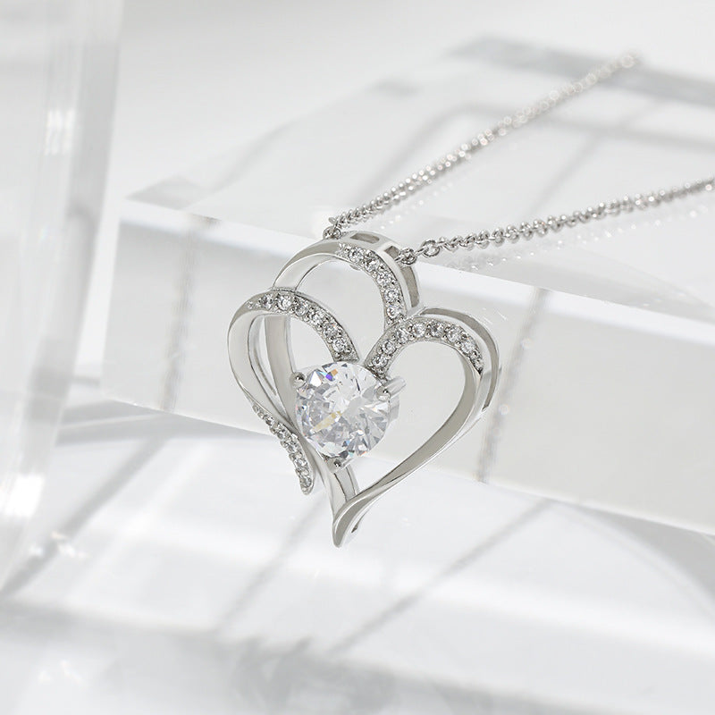 Double Heart Necklace with Zirconia – Adjustable Ladies' Necklace