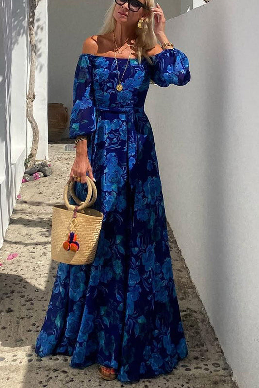 Francesca - Long dress with floral print and off-the-shoulder sleeves