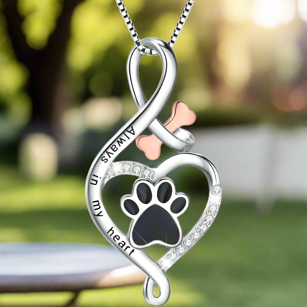 Lucky Necklace with Paw, Heart & Bone – "Always in my heart" pendant