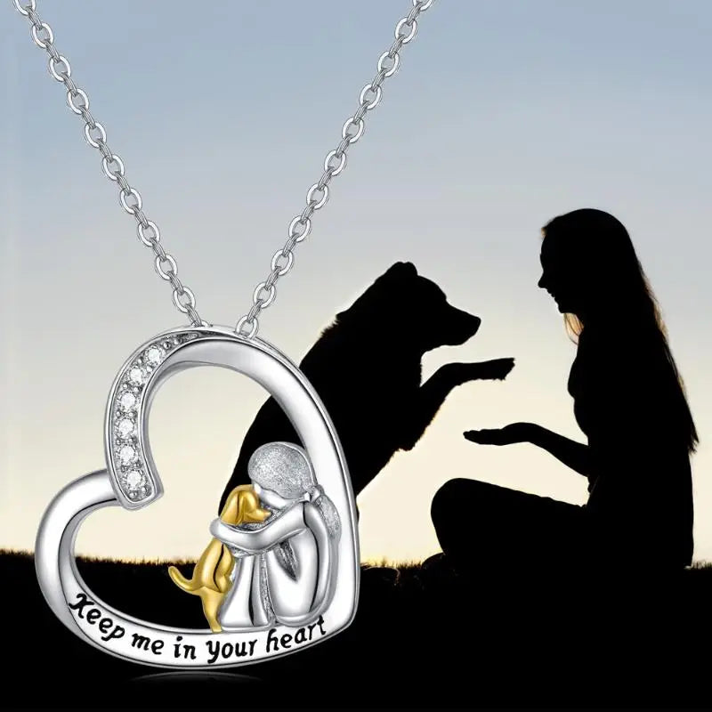 Laughing Necklace with Heart & Dog Motif – Sterling Silver Necklace with Zirconia