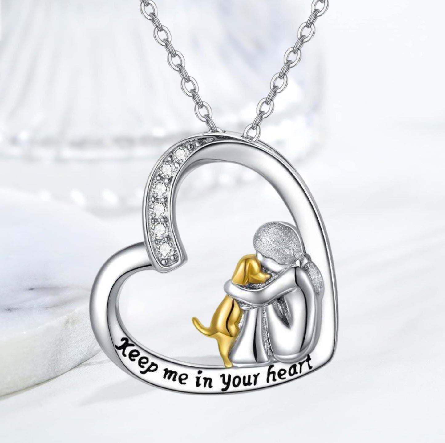 Laughing Necklace with Heart & Dog Motif – Sterling Silver Necklace with Zirconia