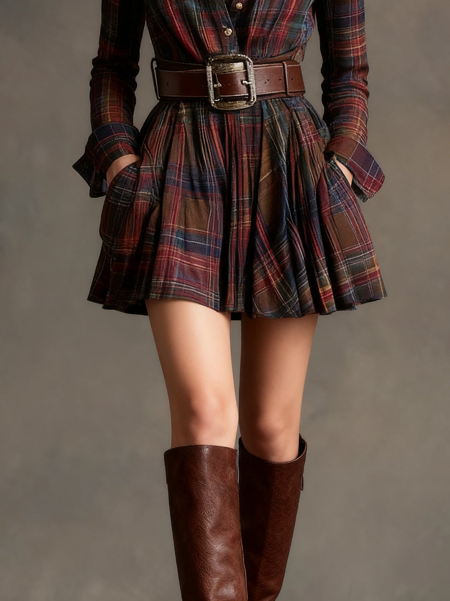 Vintage Collar Red and Brown Checked Mini Dress (Including Belt)