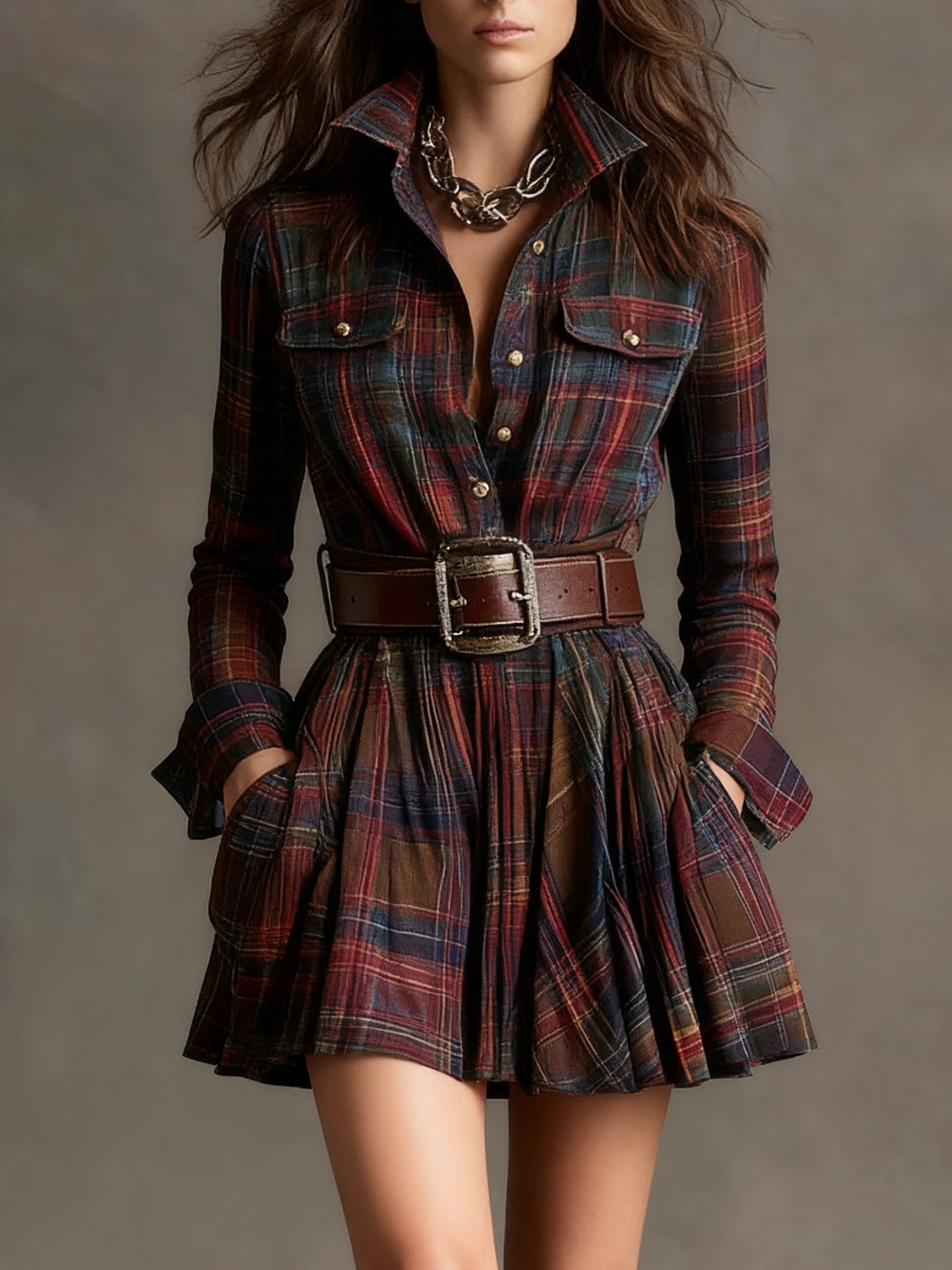 Vintage Red and Brown Checked Mini Dress (Including Belt)