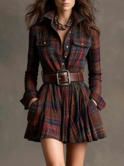 Vintage Collar Red and Brown Checked Mini Dress (Including Belt)