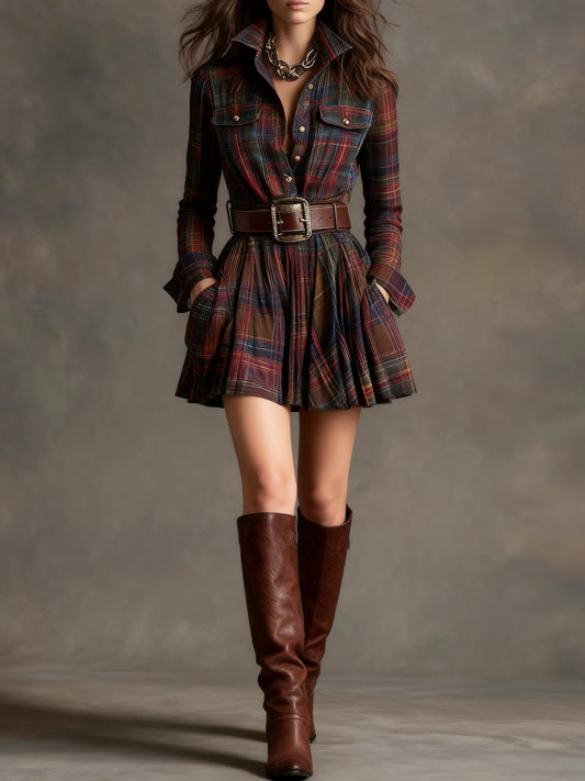 Vintage Red and Brown Checked Mini Dress (Including Belt)