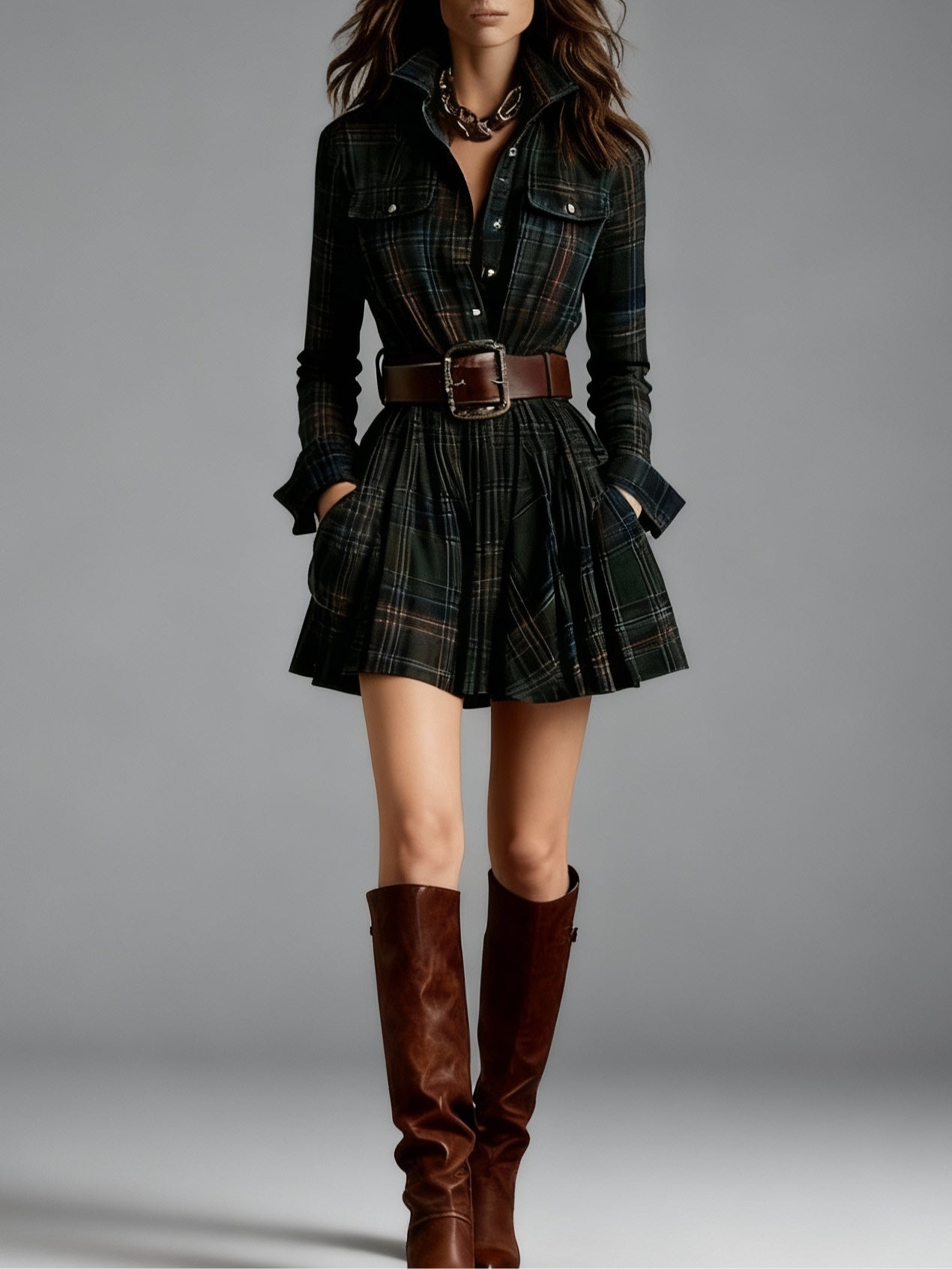 Vintage Collar Red and Brown Checked Mini Dress (Including Belt)