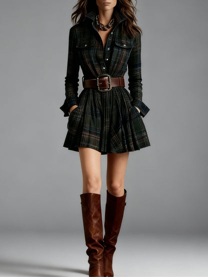 Vintage Collar Red and Brown Checked Mini Dress (Including Belt)