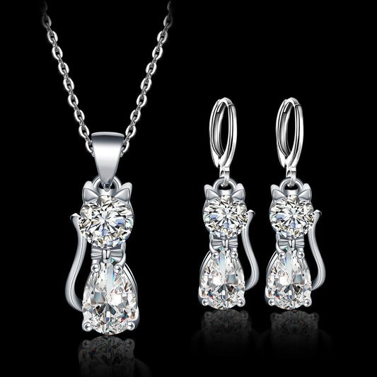 Necklace and Earring Set – Happy Cats in Silver with Cut Zirconia