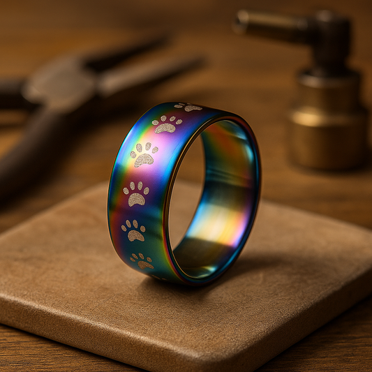 Handmade Rainbow Stainless Steel Ring with Paw Print