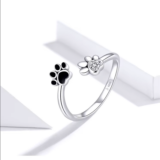 Paw Ring in Sterling Silver – Adjustable Ring with Zirconia & Enamel