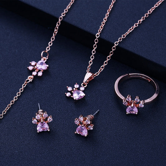 Pet Jewellery Set for Women – 4-Piece | Rose Gold with Zirconia Heart – Ring, Necklace, Earrings & Bracelet